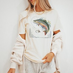 Trout Fishing Graphic Tee Natural Color Fish Art Outdoor Sport Shirt