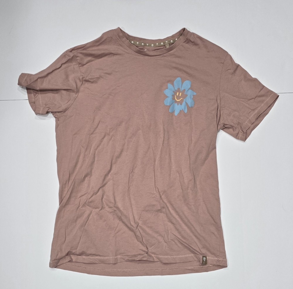 Free Planet Men’s Large T-Shirt Organic Cotton Mauve Blue Flower Positive Vibes
