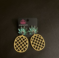 George Gray Cotton Jersey T-Shirt M Crew Neck Embroidered Pineapple and Earrings
