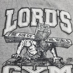 Vtg Lords Gym T Shirt Mens 2XL Gray Ringer Bodybuilding Jesus His Pain Your Gain