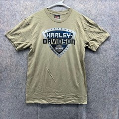 Harley Davidson Shirt Men Medium Khaki Blue Motorcycle Crewneck Spell out 2017