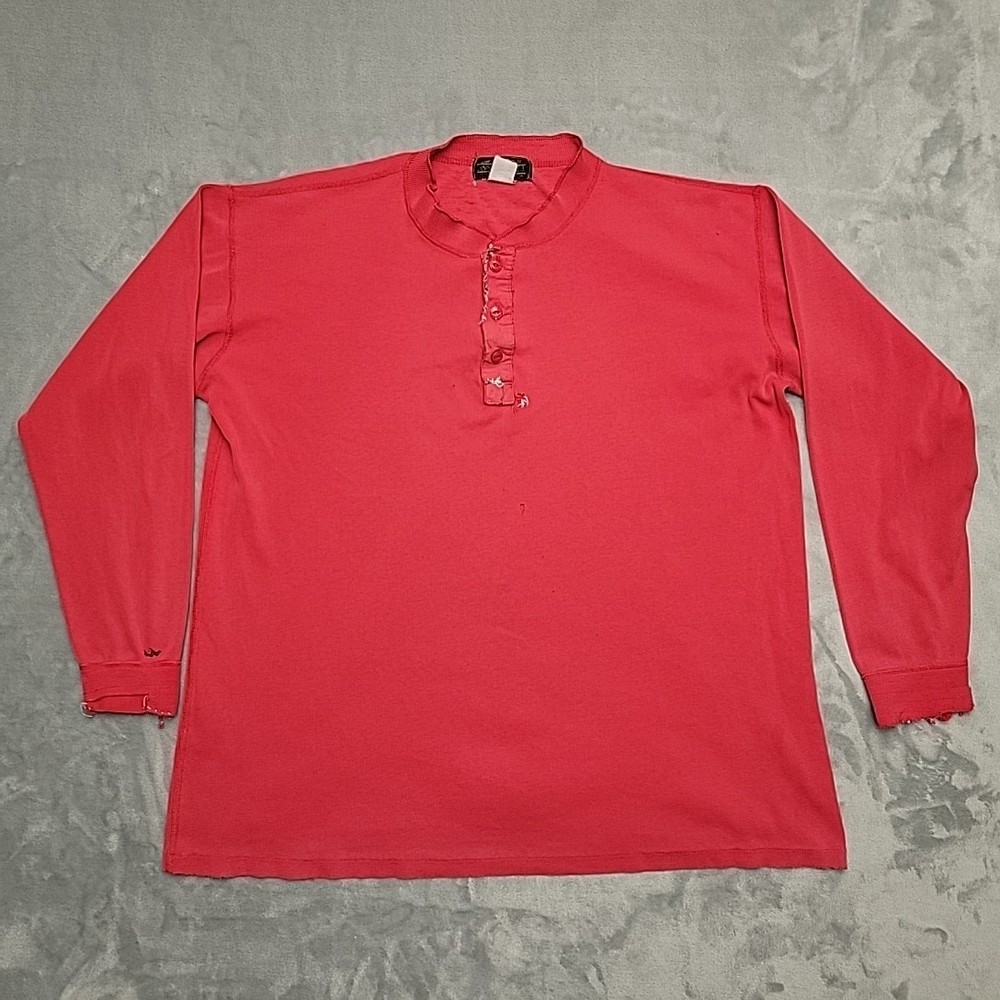 Vintage Eddie Bauer Henley Shirt Men L Red Ribbed Knit Distressed Grandpa Logger