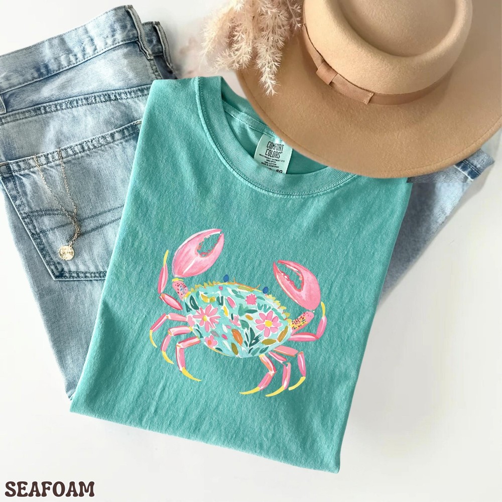 Floral Crab Shirt Comfort Colors Shirt Coastal Beach Graphic Tee Preppy
