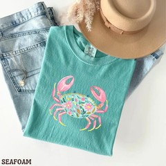 Floral Crab Shirt Comfort Colors Shirt Coastal Beach Graphic Tee Preppy