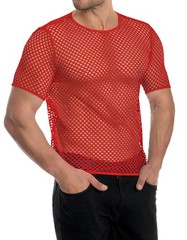 Mens Fishnet Shirt Mesh Top Short Sleeve Fitted Workout Muscle Tees(Red,L)
