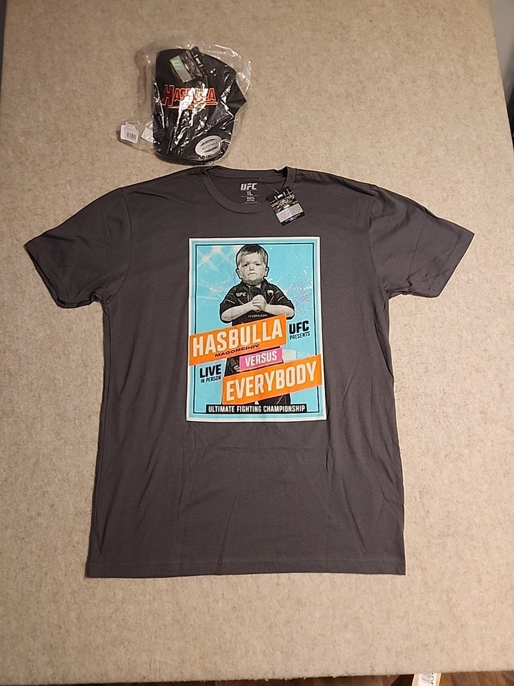 NWT LOT of UFC T Shirt & Hat Strapback Hasbulla VS Everybody Men L 100% Cotton