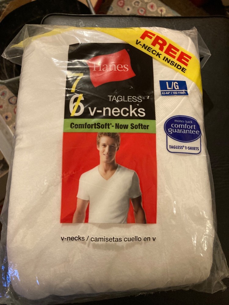 Hanes Men’s White V-Neck Tagless 7-Pack L 42-44″ Cotton LG 100% COTTON 2012 Soft