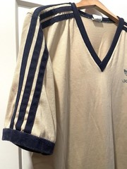Vintage 70s 80s ADIDAS Trefoil V-Neck Athletic Ringer T Shirt Khaki Navy 50/50 L