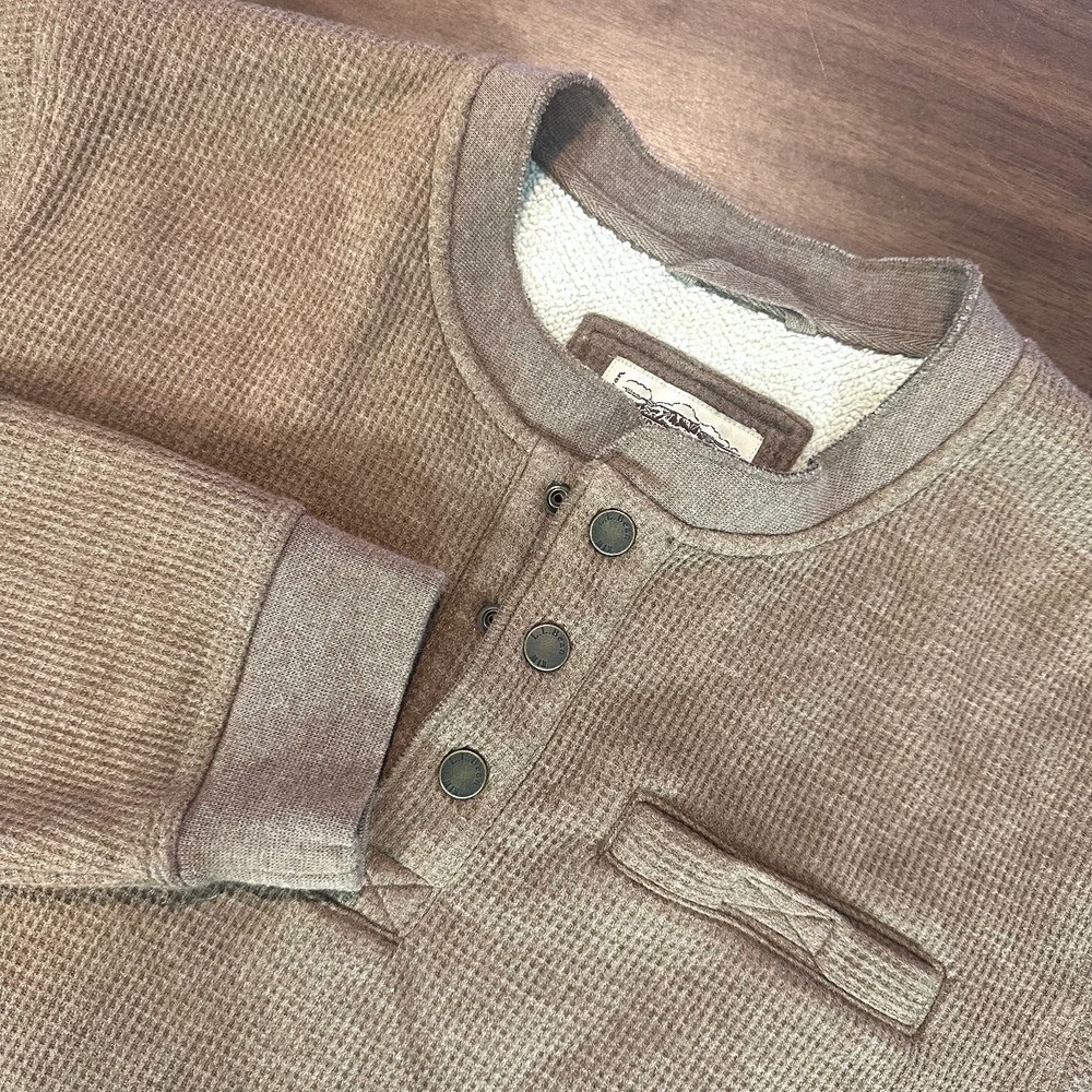 L.L. Bean Katahdin Iron Works Sherpa Waffle Fleece Henley Shirt Brown Mens LT