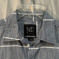 Modern Culture Mens Short Sleeve Button-Up Shirt Gray White Stripe Size L Casual