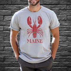 Maine Shirt Lobster Graphic Coastal Seafood Art Block Style Nautical Tshirt Gray