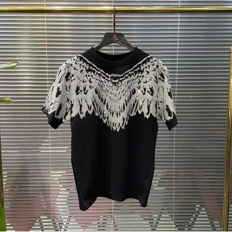 New Hot Drilling Fashion Wing Style Rhinestones Summer Luxury Men Black T-Shirt