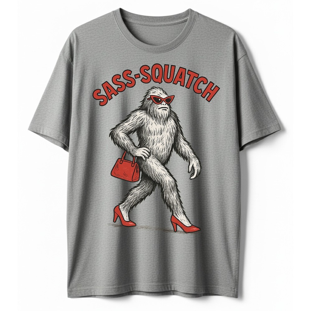 Sass-Squatch Bigfoot In Heels Funny Pun T-Shirt, Retro Novelty Sarcastic Tee