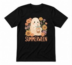 Floral Summerween Ghost Cute Drinking Halloween Unisex Black T-shirt