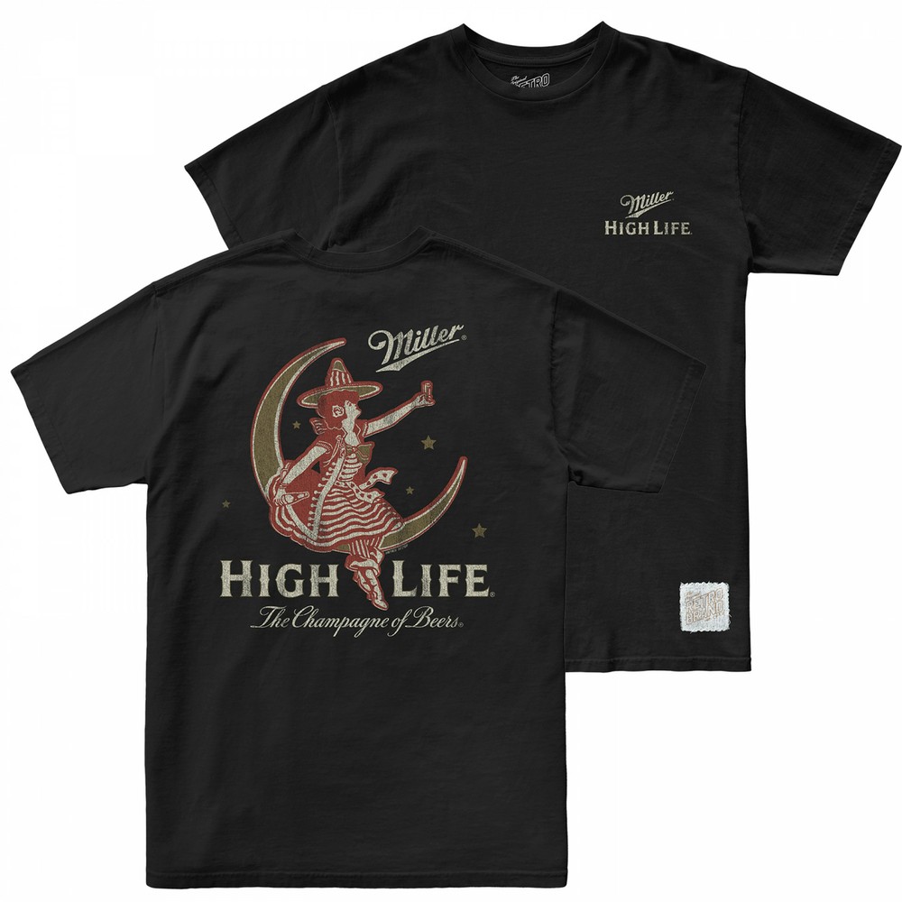 Miller High Life Girl In The Moon Front and Back Print T-Shirt Black