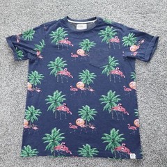 Free Planet Shirt Mens M Blue Flamingo Palm Tropical Bird AOP Logo Short Sleeve