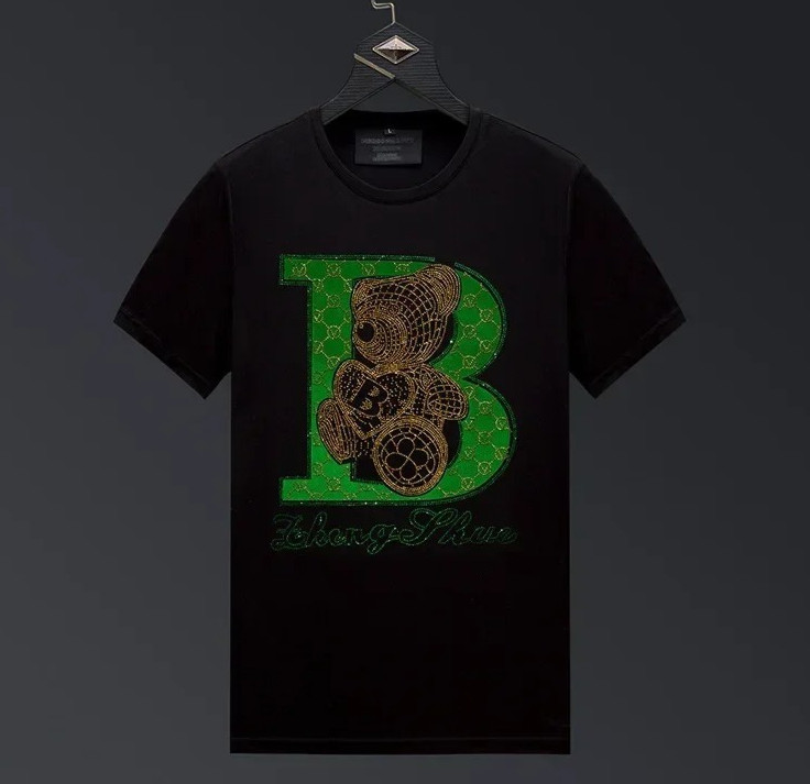 New Men Diamond Fashion Rhinestones Bear Short Sleeve Luxury Black T-Shirt