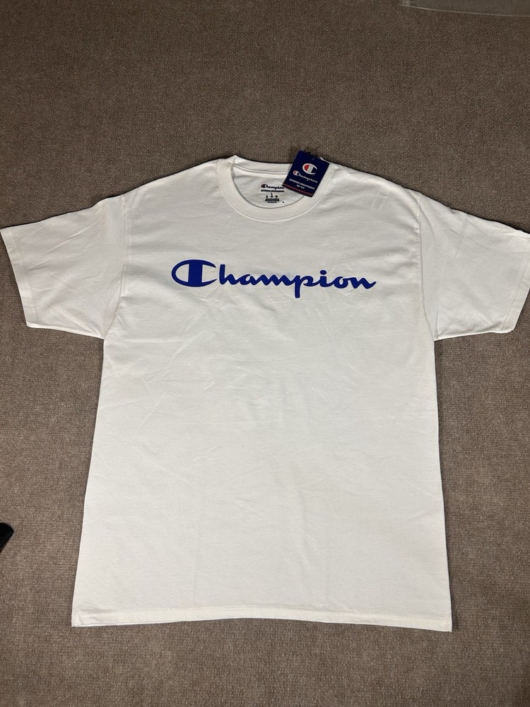 NWT Champion mens SS Classic Script Logo T Shirt White/Blue Logo