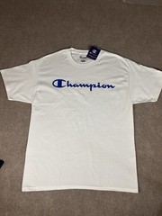 NWT Champion mens SS Classic Script Logo T Shirt White/Blue Logo