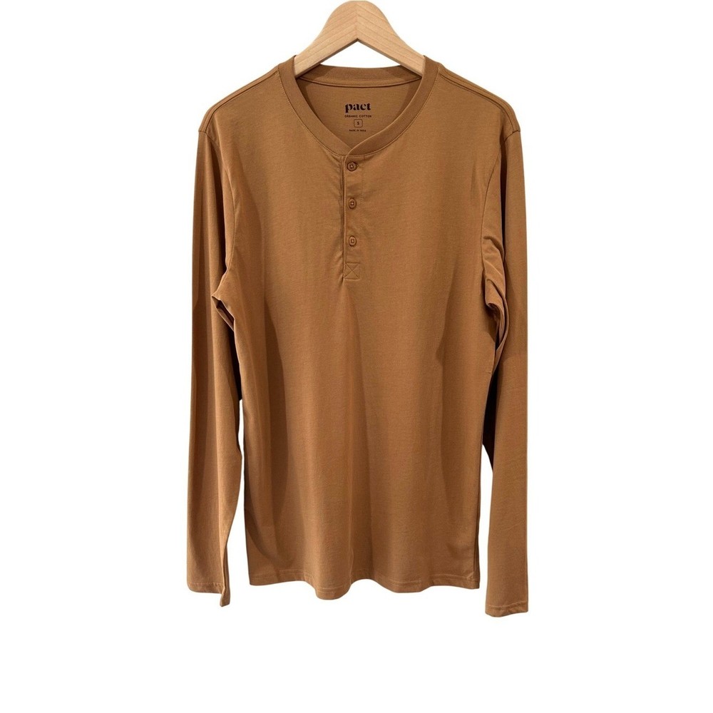 Pact Men’s Softspun Long sleeve Henley shirt S camel organic cotton NWOT