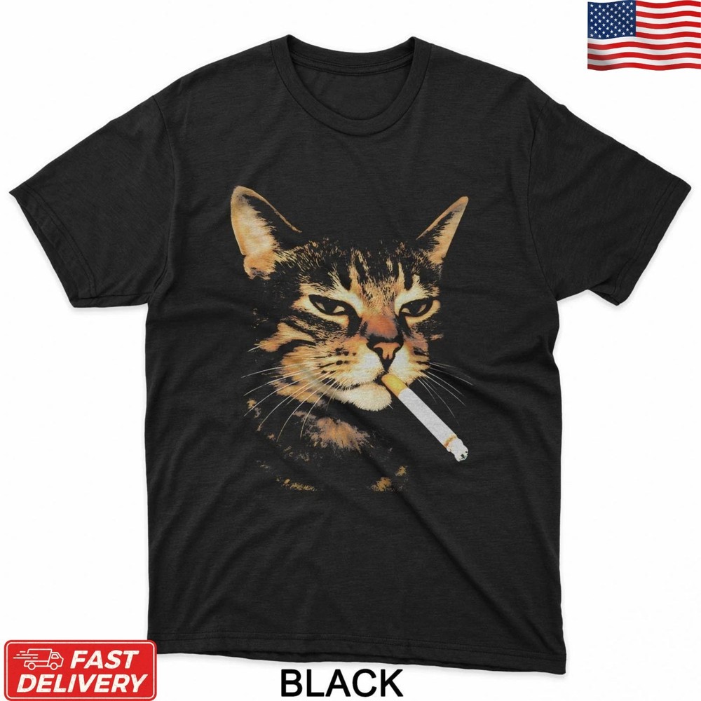 Funny Smoking Cat T-Shirt Retro 90s Cigarette Kitten Meme Graphic Unisex Tee