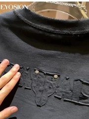 Men High Street Letter Patch Embroidered T-Shirt Rivet Heavy Weight Casual Tee