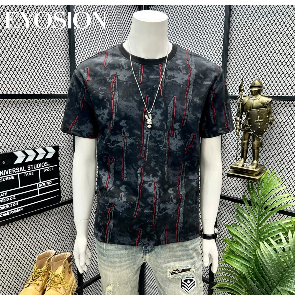 Men’s Ice Silk Cotton T-Shirt Tie Dye Ripped Distressed Print Crew Neck Tee Top