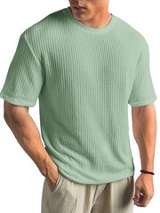 Mens Summer T Shirt Casual Ribbed Crew Neck Short Sleeve Solid Color Tee Top