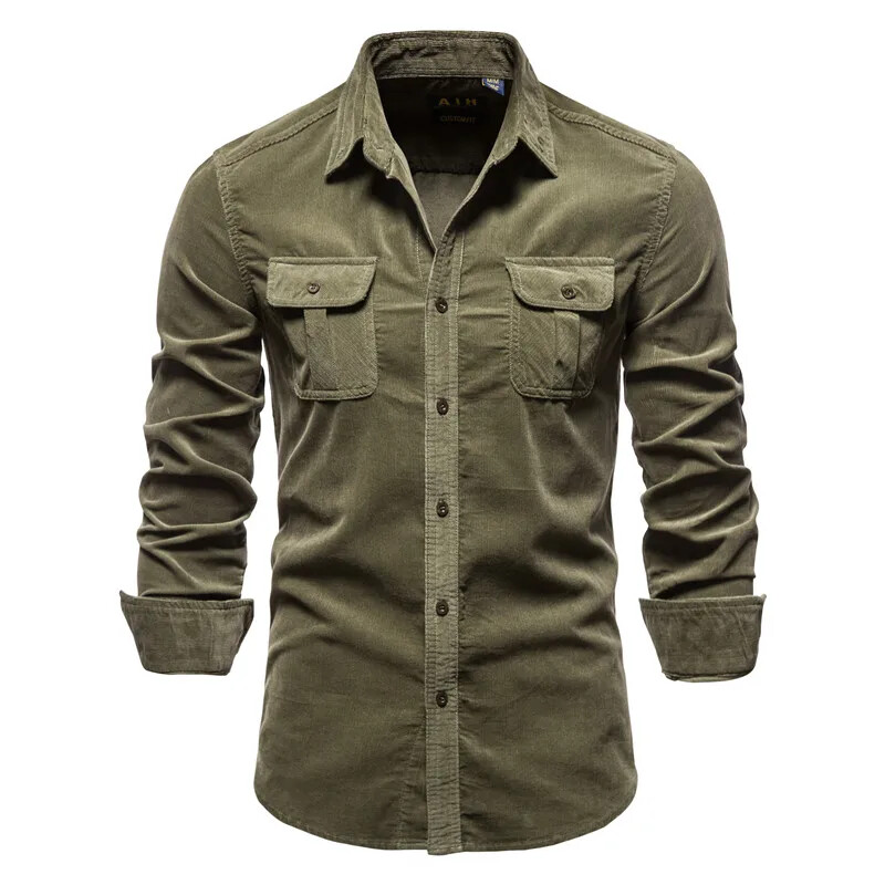Cotton Men’s Shirt Casual Fashion Solid Color Corduroy Shirts Autumn Slim