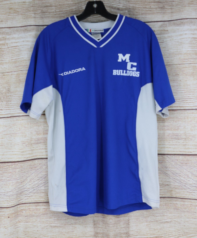 VINTAGE Diadora Mens Sz Medium V-Neck Short Sleeve Jersey Shirt Blue Bulldogs