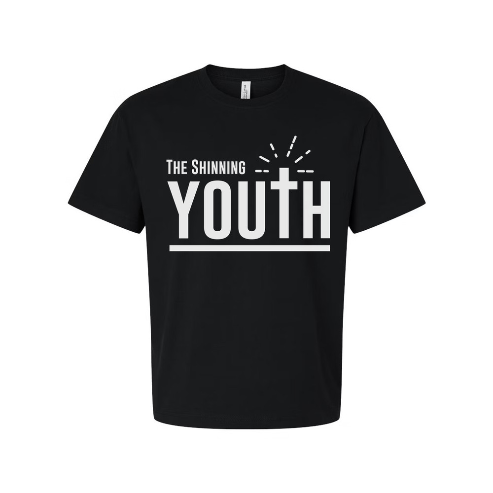 Christian Unisex Youth Tee With Large Typography, Cross Emblem, Sunrise Rays Gra
