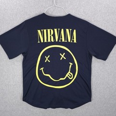 Nirvana Smiley Face Cobain Blue Mesh Graphic Button Jersey Shirt Mens Small