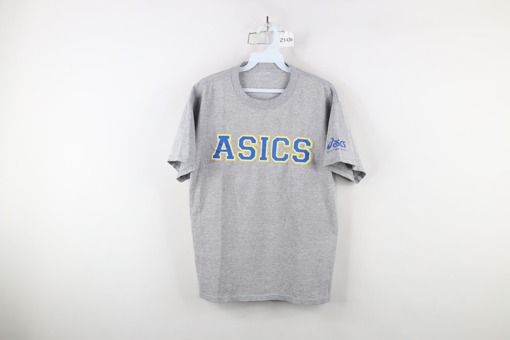 Vintage Asics Mens Size Medium Spell Out Block Letter Short Sleeve T-Shirt Gray
