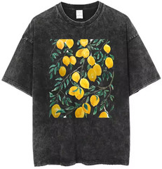 Acid Washed Black Lemon Fruit Tree Print Relaxed Fit Cotton Shirt Size XXL New