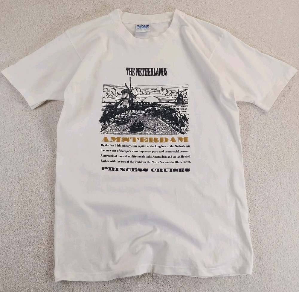 VTG Amsterdam Holland Puff Print T-shirt Men’s M Off White Single Stitch 90sMINT