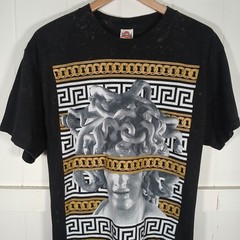 Medusa Greek Gold Chain Graphic T-Shirt Acid Bleach Wash Men Large Black Alstyle
