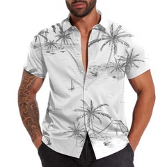 Button Down Shirts Men Black White Hawaiian Dress Short Sleeve Party Up Soft Tee