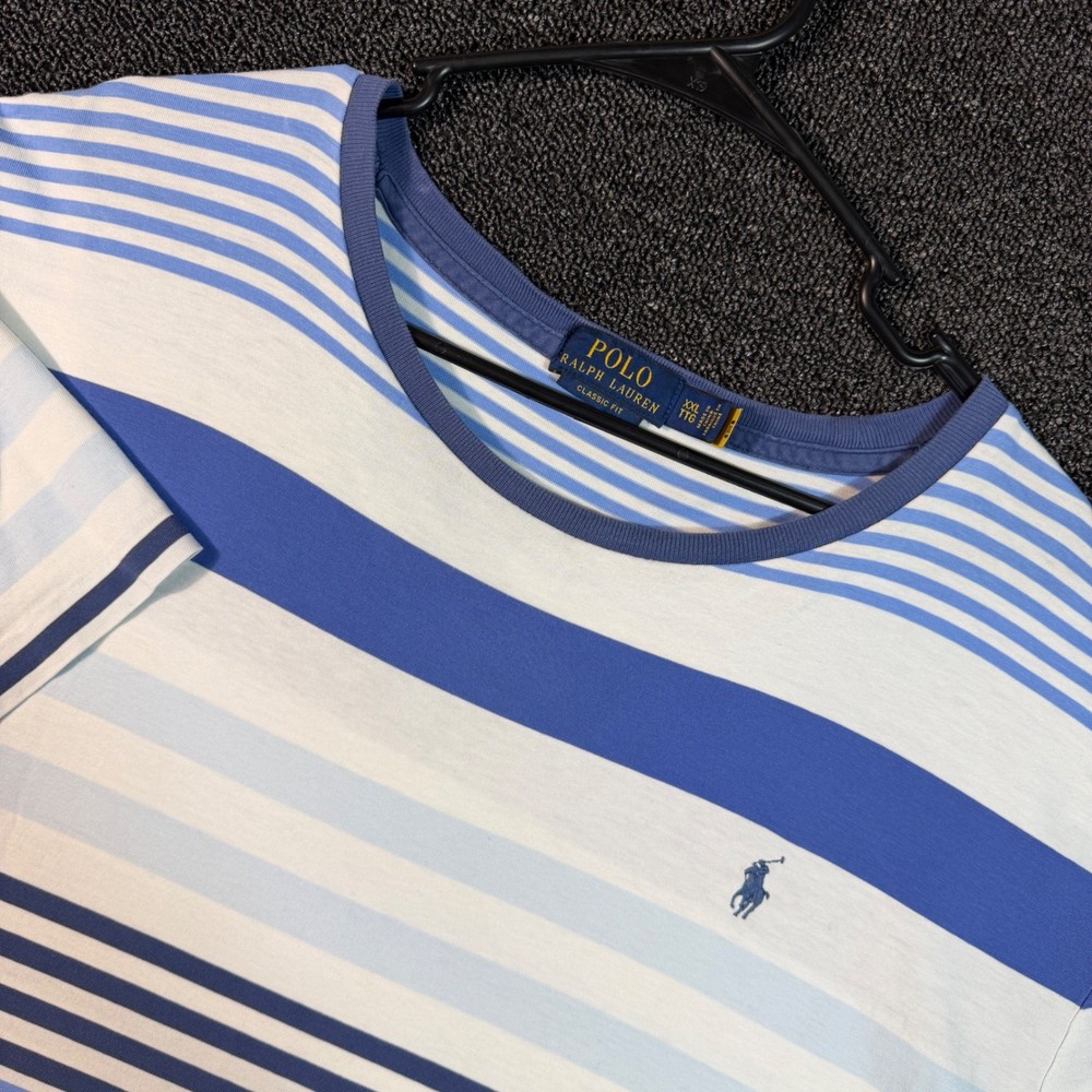 Polo Ralph Lauren Men’s XXL Blue White Striped Classic Fit Short Sleeve T-Shirt