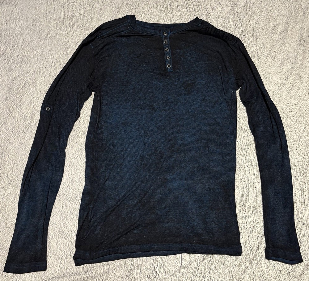 Affliction Mens Large Blue Henley Black Moon Spirit Skeleton Back Print Y2K
