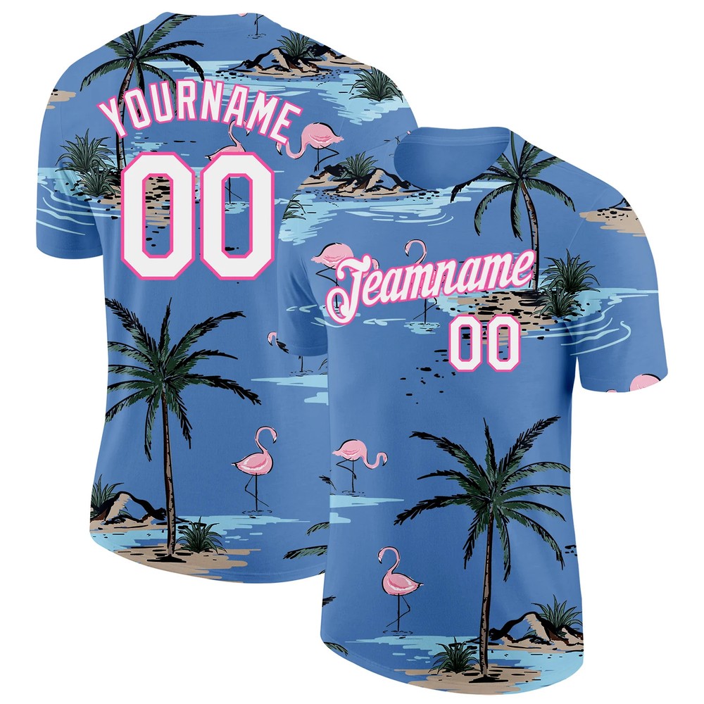 Custom Light Blue White Pink Hawaii Palm Tree Flamingo T-Shirt Summer Mens