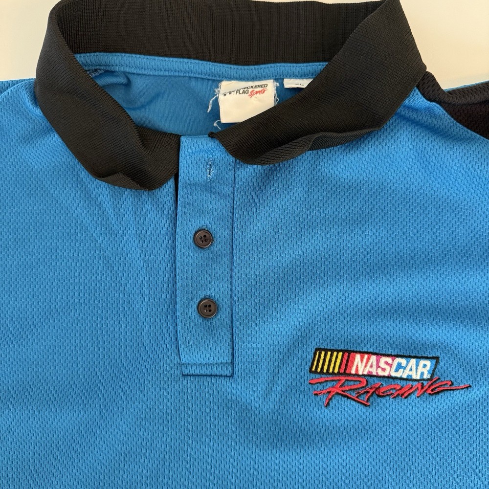 Vintage NASCAR Checkered Flag Sports Polo Shirt – Men’s Size M, Blue, 100% Polye