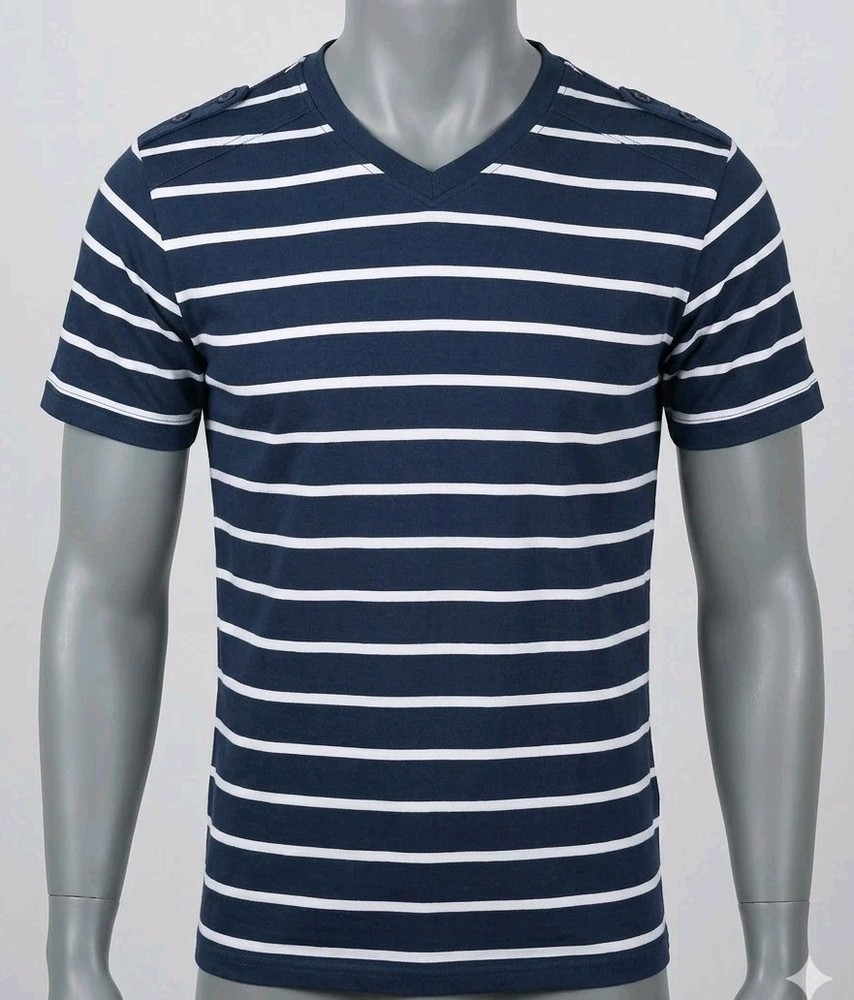 JEANSTATION Men’s S Navy Striped V-Neck T-Shirt Jersey Cotton Blend(260330-05)