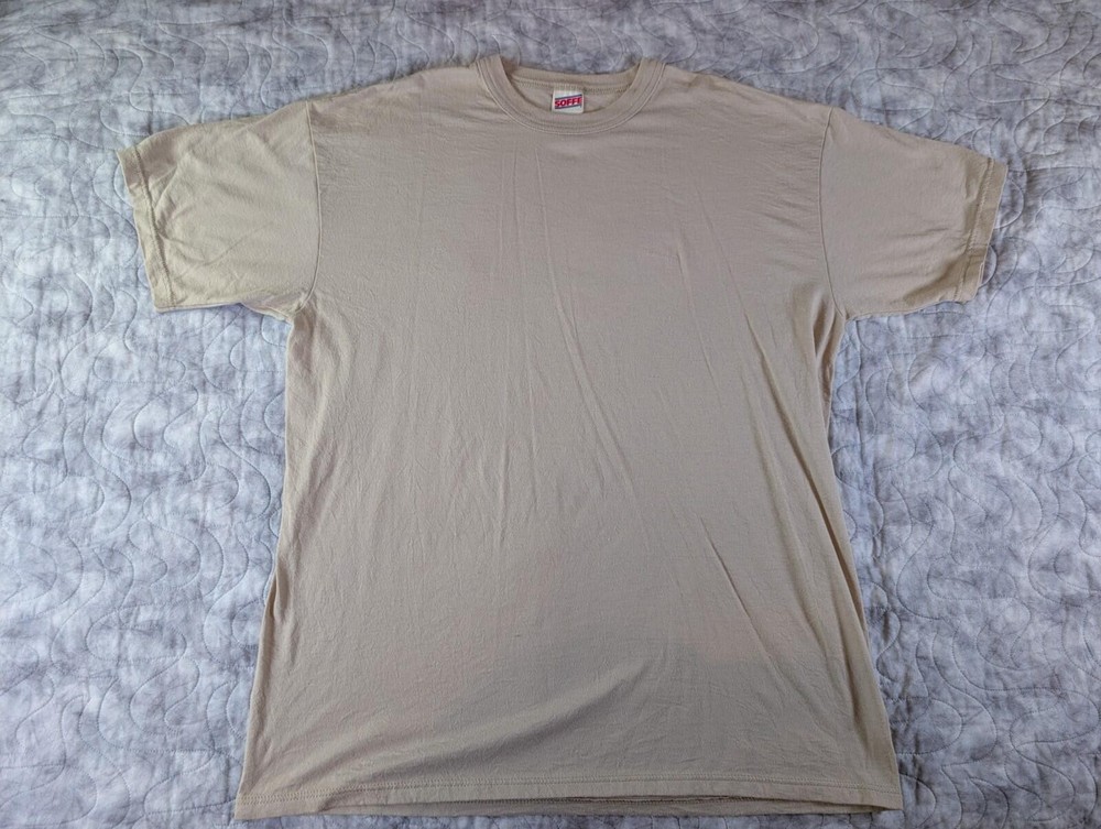 Soffe USA Made XL Beige Basic Tee 50 50 Cotton Poly Short Sleeve Casual Shirt