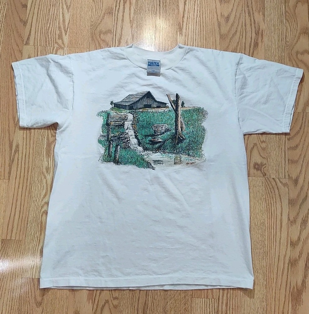 Vintage 90s Art Shirt Landscape Barn Nature Rustic Mens Large White American