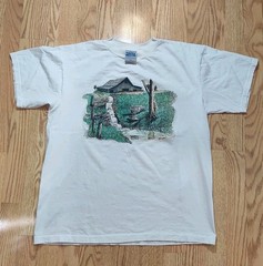 Vintage 90s Art Shirt Landscape Barn Nature Rustic Mens Large White American
