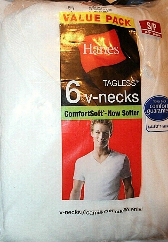 Hanes Men’s White 6-Pk or 7-Pk Tagless V-Neck Shirt Small