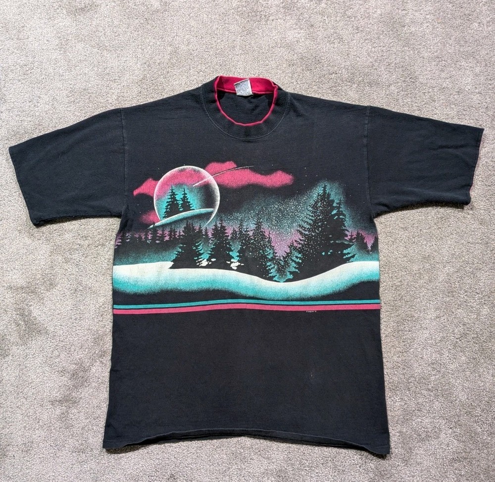 VTG Cal Cru Habitat Shirt Northern Lights Trees Print 1991 Mens Size L Black