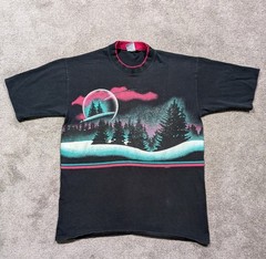 VTG Cal Cru Habitat Shirt Northern Lights Trees Print 1991 Mens Size L Black