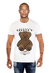 Avenue George V Paris Short Sleeves White T-shirt Rhinestone Golden Teddy bear