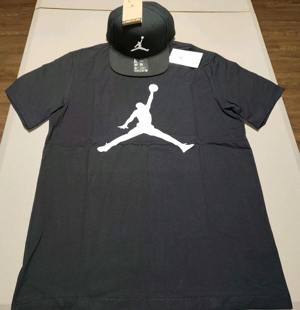 $73 NIKE AIR JORDAN JUMPMAN CREW T-SHIRT & PRO SNAPBACK SET BLACK WHITE sz M